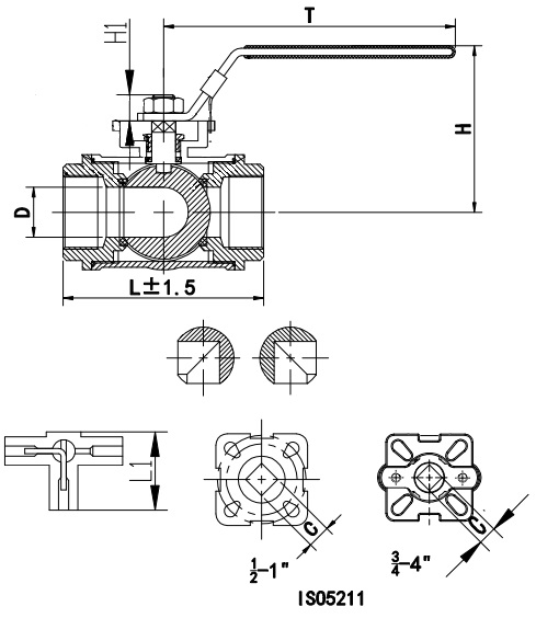 Краны шаровые нержавеющие 3-ходовые L-тип стандартнопроходные DN.RU BV3232P-SP-3L-T-H Ду10-100 Ру63 муфтовые, корпус - нержавеющая сталь SS316 с ISO фланцем и рукояткой