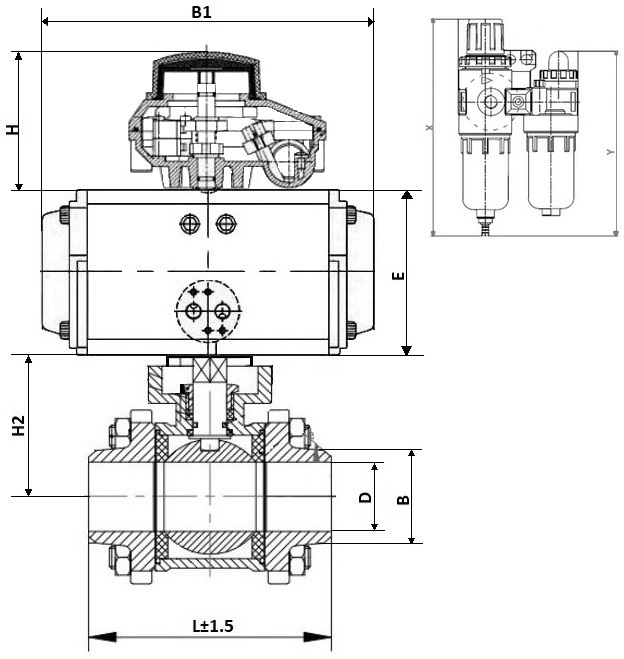 Кран шаровой DN.ru КШПП 316.200-ISO Ду65 Ру63 полнопроходной, нержавеющая сталь SS316, под приварку, с пневмоприводом DN.ru SA-105, пневмораспределителем 4V320-10 AC220V, БКВ APL-210N и БПВ AFC2000