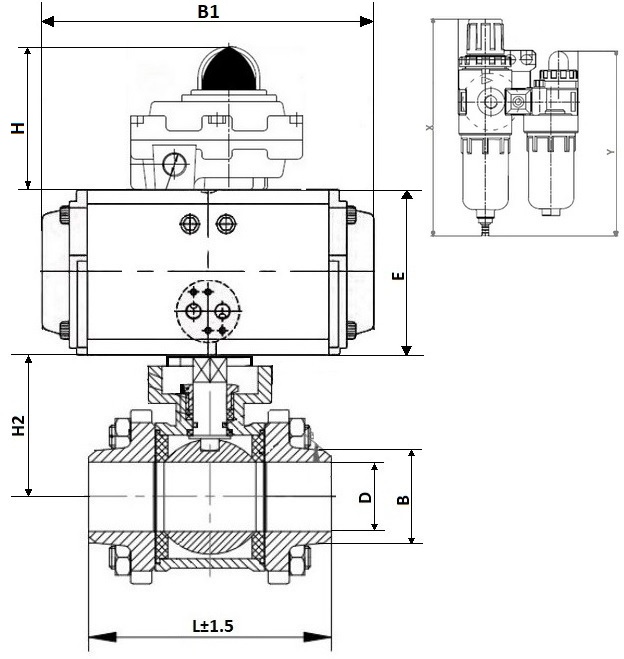 Кран шаровой DN.ru КШПП 316.200-ISO Ду65 Ру63 полнопроходной, нержавеющая сталь SS316, под приварку, с пневмоприводом DN.ru SA-105, пневмораспределителем 4V320-08 AC220V, БКВ APL-410N EX и БПВ AFC2000
