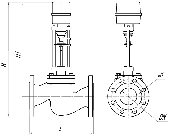Клапан регулирующий двухходовой DN.ru 25ч945п Ду15 Ру16 Kvs1,6, серый чугун СЧ20, фланцевый, Tmax до 150°С с электроприводом DAV 1500 - 24В