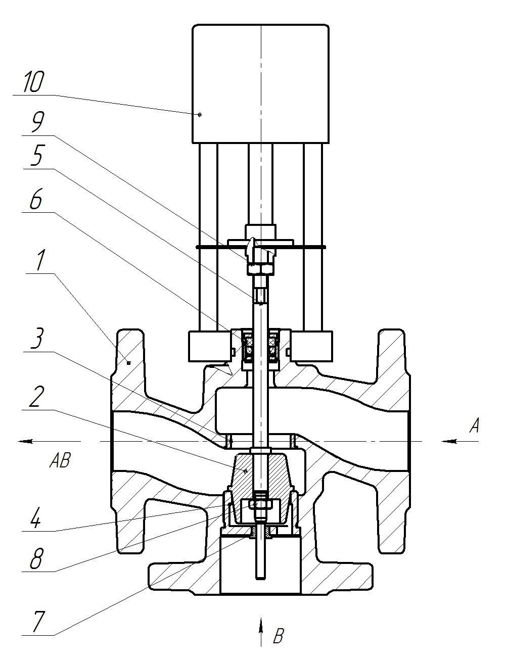 Клапан регулирующий трехходовой смесительный DN.ru 27ч908нж Ду50 Ру16 Kvs40 серый чугун СЧ20, фланцевый, Tmax до 150°С с электроприводом Катрабел TW-500-XD220