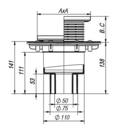 Трапы регулируемые Fachmann T-310-PNsG Дн50/75/110 150x150мм чугунная решетка, сухой затвор, подрамник из чугуна, вертикальный выпуск, для балконов и террас