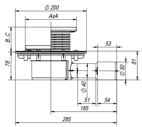 Трап регулируемый Fachmann T-510-POsB Дн40/50 150x150мм чугунная решетка, подрамник из пп, горизонтальный выпуск, для балконов и террас