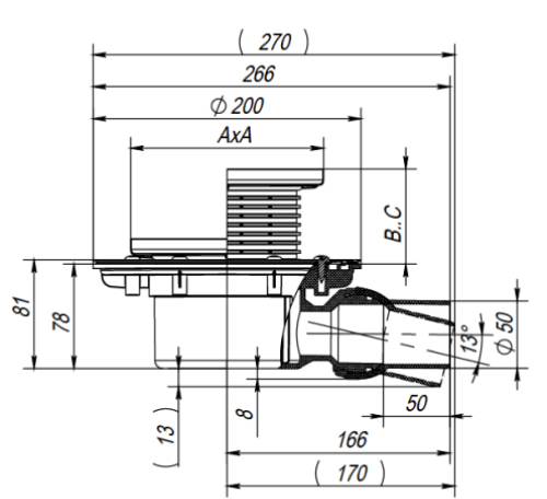 Трап регулируемый Fachmann T-520-PNsG Дн50 150x150мм чугунная решетка, сухой затвор, подрамник из чугуна, с фланцем, горизонтальный выпуск, шарнирное соединение, для балконов и террас