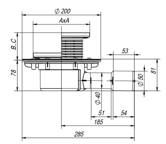 Трап горизонтальный Fachmann F04.036 Дн40/50 с чугунной решеткой 150х150мм, регулируемый с подрамником из ПП и сухим затвором T 510.1 PnsB для балконов и терасс
