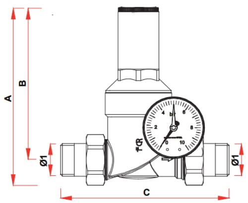 Регулятор давления FAR FA 2815 1″ Ду25 Ру25 с манометром, латунный, хромированный, наружная/наружная резьба (редуктор)