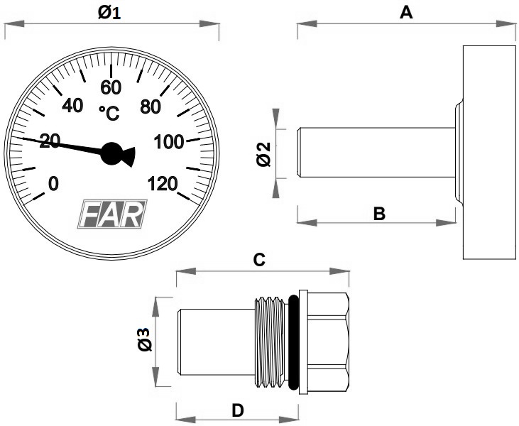 Термометр осевой FAR Fa 2650 (0-120°C) биметаллический 40 мм, тип - Fa 2650, осевое соединение, шкала (0-120°С), погружной шток L=36мм, с монтажной гильзой
