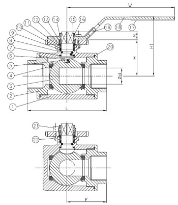 Эскиз Кран шаровой трехходовой Genebre 2041 02 1/4″ Ду8 Ру63, тип T, стандартнопроходной, резьбовой