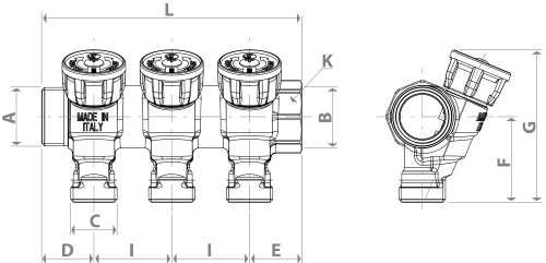 Коллектор Giacomini R585С 3/4″x1/2″x4 Ду20 Py10 Eвроконус из латуни, с отсечными клапанами и с отводами, с наружной резьбой