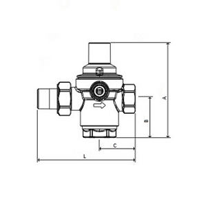 Эскиз Клапан подпиточный Giacomini R150B 1/2″ Ду15 Ру10 наружная резьба/американка, латунный, поршневой, с выходом под манометр и обратным клапаном, Рн = 0,5 - 3 бар (R150BY103)