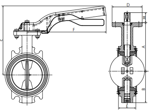 Затвор дисковый поворотный Giacomini R59FLX Ду150 Ру16, межфланцевый, корпус - чугун, диск - чугун, уплотнение - EPDM, управление - рукоятка