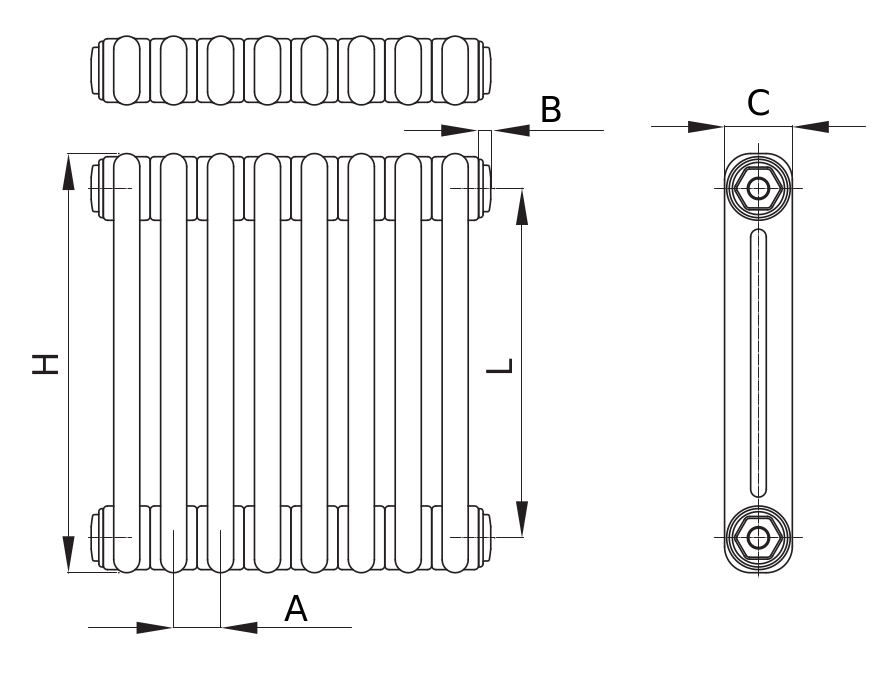 Радиаторы стальные трубчатые IRSAP Tesi 2 высота 2000 мм, 16 секций, присоединение резьбовое - 1/2″, подключение - нижнее по центру Т52, со встроенным вентилем сверху, теплоотдача 2829 Вт, цвет – белый