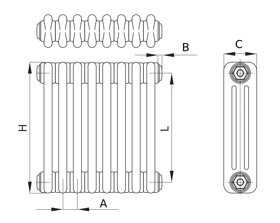 Радиаторы стальные трубчатые IRSAP Tesi 3 высота 550 мм, 12-26 секций, присоединение резьбовое - 1/2″, подключение - нижнее по центру Т50, теплоотдача 846-1834 Вт, цвет – белый