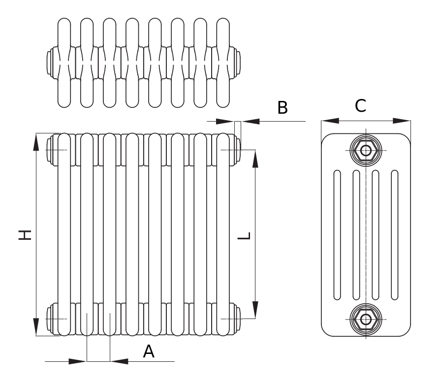 Радиаторы стальные трубчатые IRSAP Tesi 5 высота 550 мм, 18-28 секций, присоединение резьбовое - 1/2″, подключение - нижнее по центру Т50, теплоотдача 2028-3155 Вт, цвет – белый