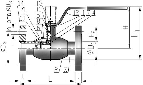 Кран шаровой КВО-АРМ серия 11 Ду150 Ру25 фланцевый цельносварной, стандартный проход, управление ручка-рычаг, корпус – углеродистая сталь