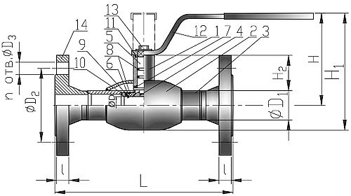 Кран шаровый КВО-АРМ серия 12 Ду700 Ру40 фланцевый цельносварной, полный проход, управление ручка-рычаг, корпус – углеродистая сталь