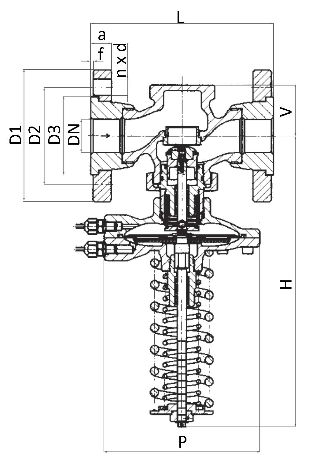 Регулятор перепада давления LDM RD122D Ду50 Ру25 Kvs32 прямого действия, корпус - чугун, фланцевый, Tmax до 150°С, диапазон настройки 23 (40-220 кПа)