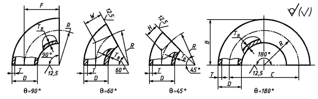 Конструкция и размеры отводов 45-180 градусов 