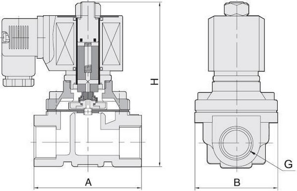 Эскиз Клапан электромагнитный Smart SM-5564 G 3/4″ Ду20 Ру10 резьбовой, прямого действия, нормально открытый, стальной, уплотнение FKM, DC 24V