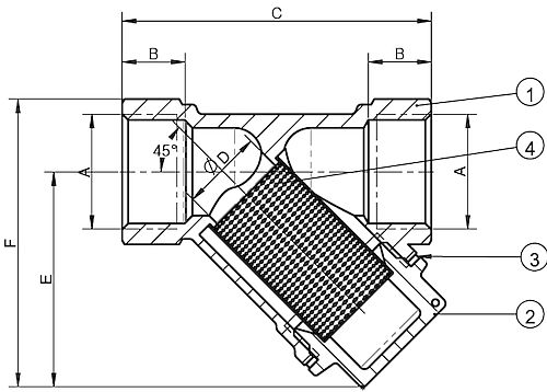 Фильтр сетчатый MVI FW.210 Ду15 Ру16 1/2″ Y-образный, материал корпуса – латунь, покрытие – никель, тип подключения – внутренняя резьба