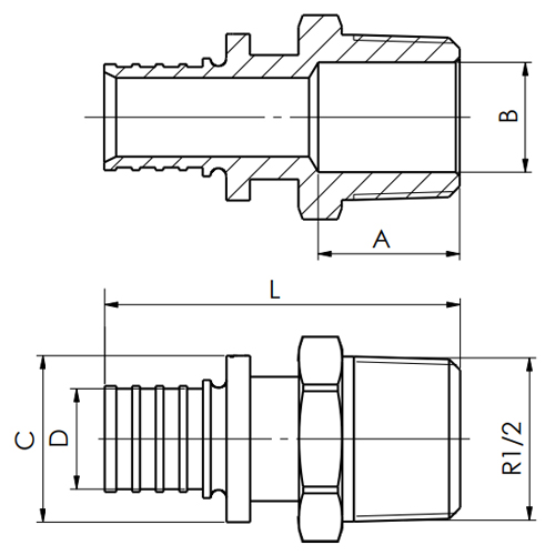 Муфта аксиальная MVI Дн32x1″ Ру16 наружная резьба, корпус - латунь никелированная, для труб из сшитого полиэтилена