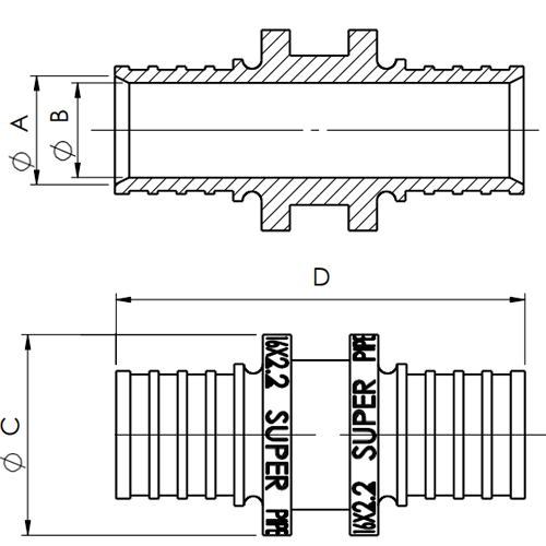 Муфты аксиальные MVI Дн16x16-32x32 Ру16 равносторонняя, корпус - латунь, для труб из сшитого полиэтилена