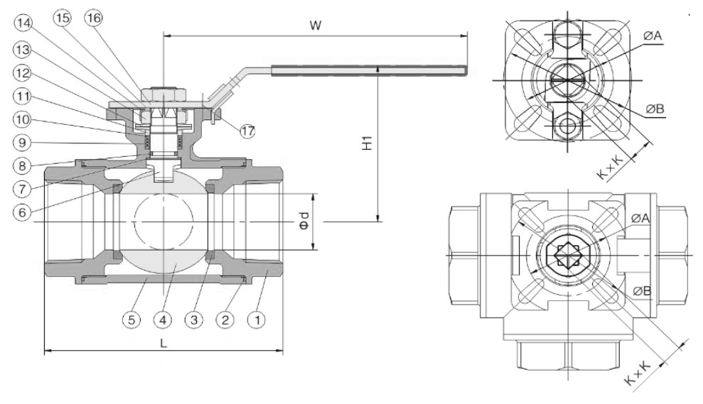 Кран шаровой NewKey NK-BTt/4 3/4″ Ду20 Ру64 T-тип, стандартнопроходной, трехходовой, внутренняя резьба, корпус – нержавеющая сталь AISI304 (CF8)