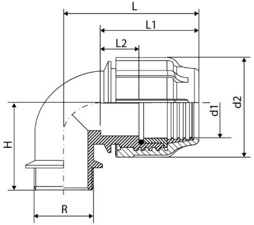 Отвод Политэк Ду63х2″ (Ду63) Ру16 90° полипропиленовый, присоединение - компрессионное/наружная резьба