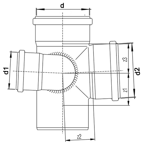 Крестовина канализационная шумопоглощающая REHAU RAUPIANO Дн110/75/110/87°, разнопроходная с увел.проходом слева, материал - полипропилен RAU-PP, уплотнение - стиролбутадиеновый каучук (SBR)