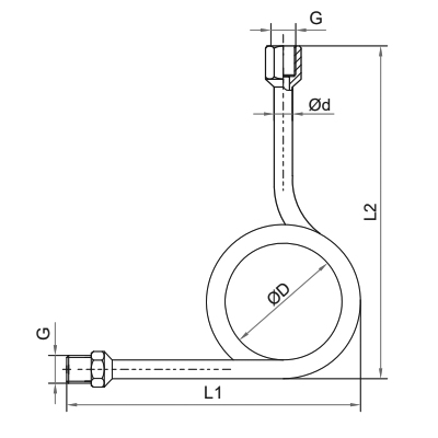 Петлевая трубка для манометра Росма Py250, угловое исполнение 90°, нержавеющая сталь, внутренняя/наружная резьба G1/2″–G1/2″, макс.температура 300°С