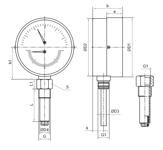 Термоманометр Росма ТМТБ-31Р.1 (0-150С) (0-2,5MПa) G1/2 2,5, корпус 80мм, тип - ТМТБ-31Р.1, длина клапана 46мм, до 150°С, радиальное присоединение, 0-2,5MПa, резьба  G1/2, класс точности 2.5