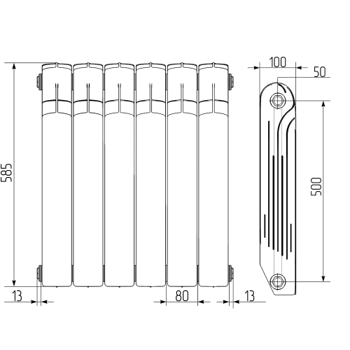 Радиатор биметаллический Royal Thermo Indigo 500 12 секций, площадь помещения до 23 м2, боковое подключение, настенный, белый