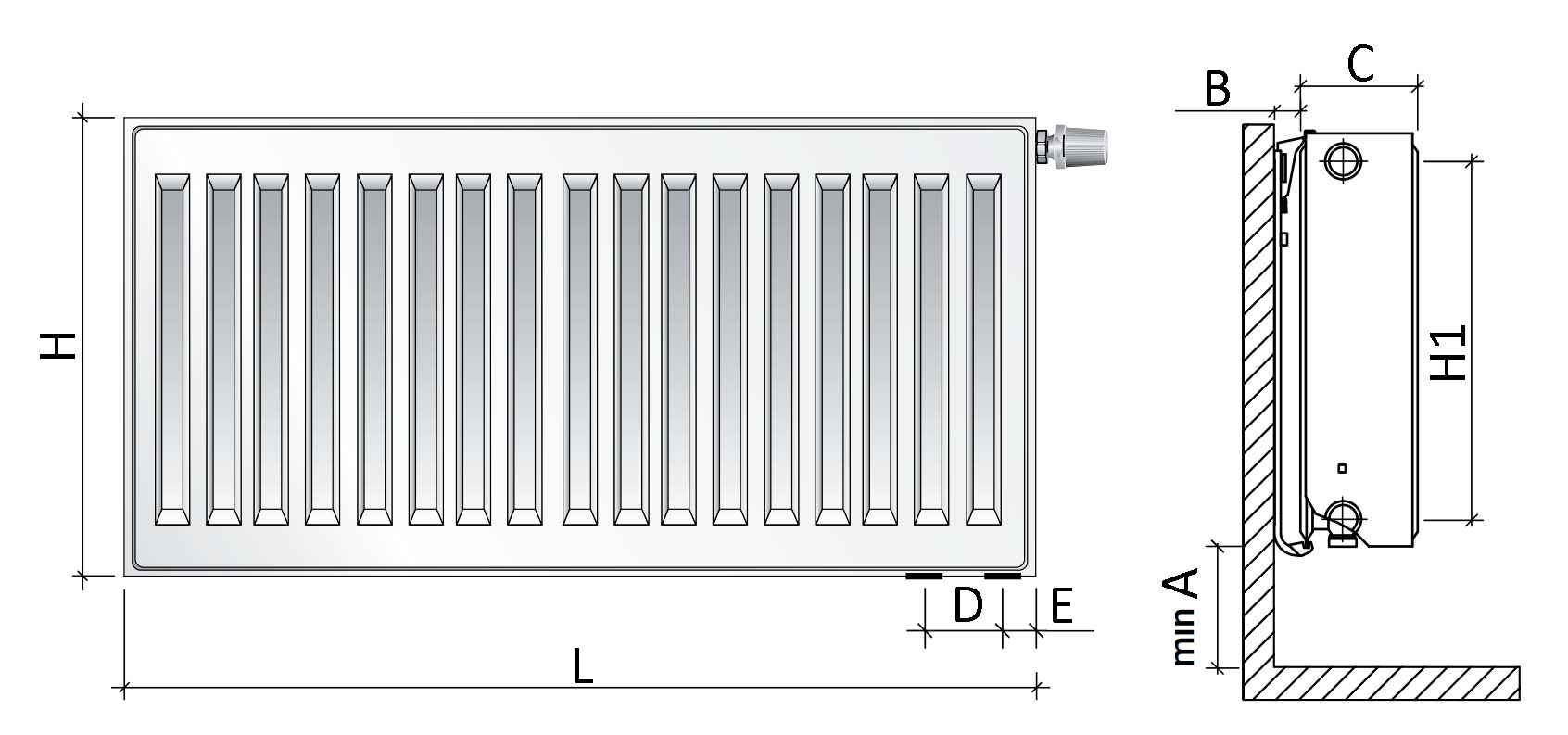 Радиатор панельный Royal Thermo Ventil Compact VC33-500 1900 мм стальной, нижнее и боковое подключение, межосевое расстояние 50 мм, цвет Noir Sable черный