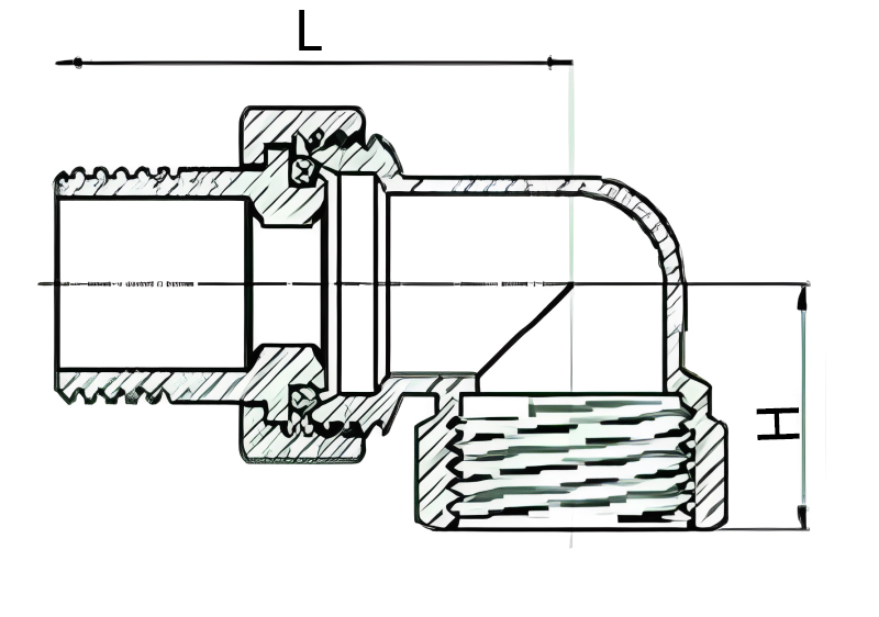 Соединитель SANTECHSYSTEMS 1″ Ду25 угловой разъемное соединение американка внутренняя-наружная резьба, уплотнение - круглая прокладка O-ring, корпус – латунь, покрытие-никель