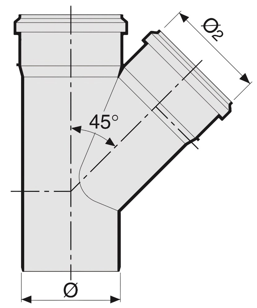 Тройник Sinikon НПВХ Дн200x200 45° для наружной канализации, непластифицированный поливинилхлорид