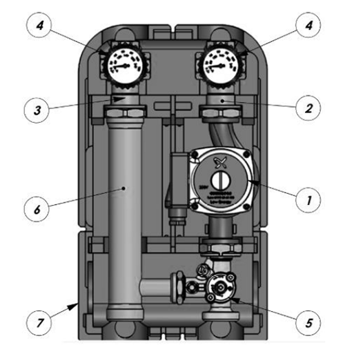 Эскиз материалов насосной группы STOUT SDG-0003 Дн25 Ру10, с 3-х ходовым приводным смесителем 1″, с насосом Grundfos UPSO 25-65