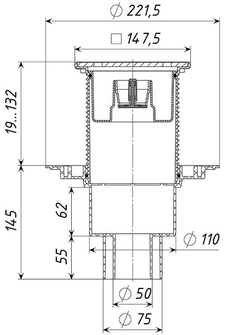 Трап вертикальный Татполимер ТП-310PMs Дн 50-75-110 регулируемый с механическим затвором, корпус - полипропилен, решетка 150х150 мм - чугун