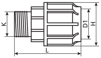 Муфты компрессионные TEBO KOM-NR Дн20-110x1/2-4″ Ру10 для ПНД труб, переходные, разъемные, наружная резьба, корпус - полипропилен