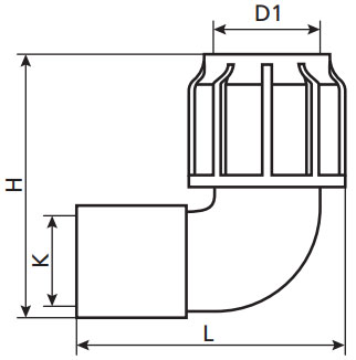 Отвод компрессионный TEBO KOM-VR Дн32x1″ Ру10 для ПНД труб, переходной, разъемный, внутренняя резьба, корпус - полипропилен