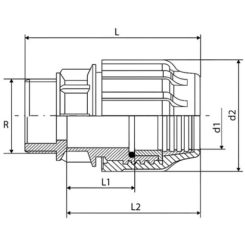 Муфта ТПК-АКВА Дн40х1 1/4″ Ру16 соединительная для ПНД труб, материал - полиэтилен, присоединение - компрессионное / наружная резьба
