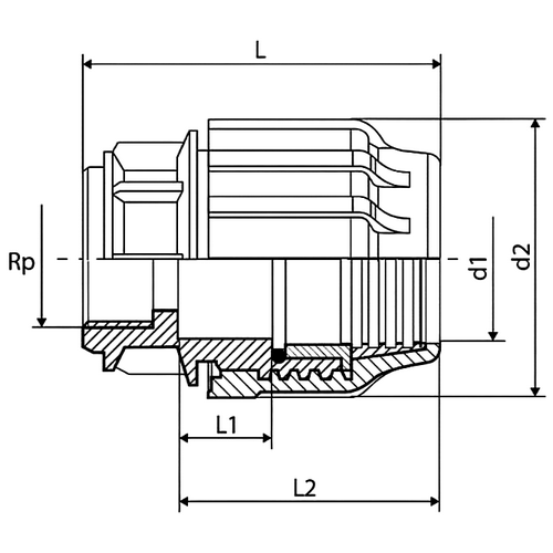 Муфта ТПК-АКВА Дн40х3/4″ Ру16 соединительная для ПНД труб, материал - полиэтилен, присоединение - компрессионное / внутренняя резьба