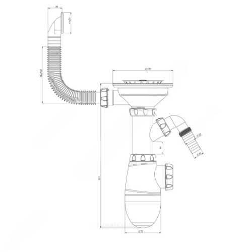 Сифон для кухонной мойки бутылочный Unicorn B430V 3 1/2″х40 с гибким переливом, с отводом (штуцером), с нержавеющей решеткой