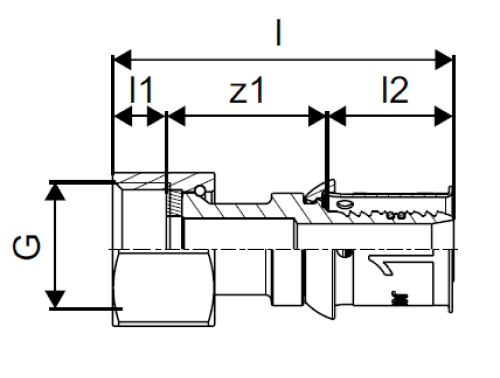 Штуцер Uponor S-Press Plus Дн20х1/2″ Ру10, пресс / накидная гайка, корпус - латунь коррозионностойкая, пресс гильза - нержавеющая сталь, для металлопластиковых труб