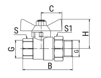 Эскиз Кран шаровой 11б27фт1М VALFEX 1 1/4″ Ду32 Ру16 полнопроходной, латунный, внутренняя резьба/″американка″, ручка-бабочка (VF.227.LB1.114)