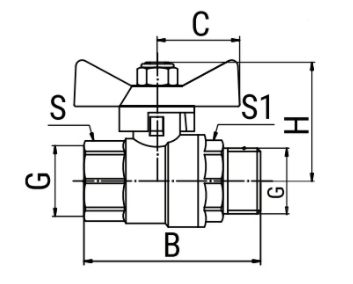 Эскиз Кран шаровой 11б27фт1М VALFEX 1 1/4″ Ду32 Ру16 полнопроходной, латунный, внутренняя/наружная резьба, ручка-бабочка (VF.218.LB1.114)