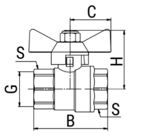 Эскиз Кран шаровой 11б27фт1М VALFEX OPTIMА Ду15 Ру16 полнопроходной, латунный, внутренняя резьба, ручка-бабочка (VF.217.L0B1.012)
