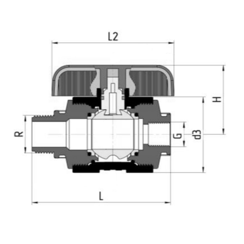 Кран шаровой Valfex компрессионный PP-R Дн36 1 1/2″x1 1/2″ Ру16 полнопроходной внутренняя-наружная резьба, корпус - полипропилен