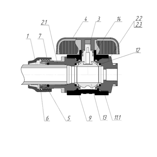 Кран шаровой Valfex компрессионный PP-R Дн25x1″ Ру16 полнопроходной цанга-внутренняя резьба, корпус - полипропилен