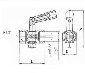 Эскиз Кран для манометра трехходовой ВИПРА КПТ 3.04 00-01 (11Б38бк/11Б18бк) Ду15 Ру16 латунный, внутренняя резьба G1/2″ c рукояткой без фланца